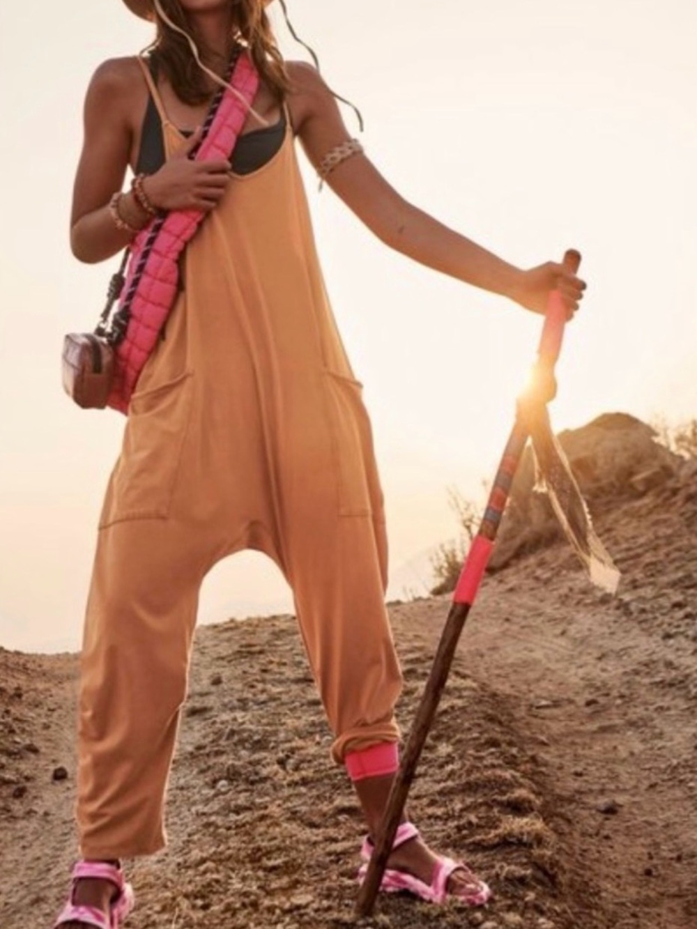 FP Movement by Free People Camel Harem Jumpsuit with Pink Accents